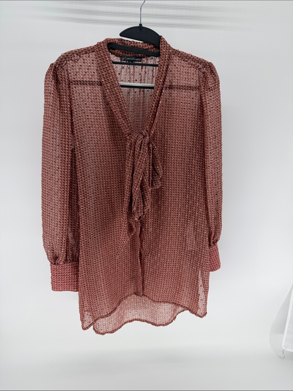 Adrianna Papell Dusty Rose Sheer Tie-Neck Long Sleeve Blouse